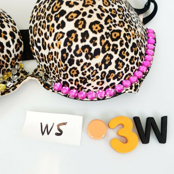 VICTORIA'S SECRET Brown Push Up Bra 32DD Padded Leopard Rhinestone Fabulous - Picture 11 of 12